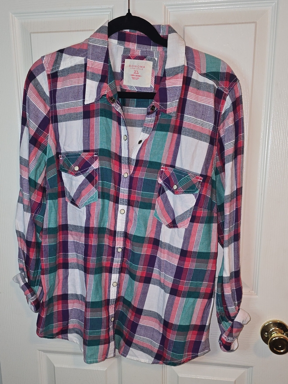 Sonoma Plaid Button-Down Shirt in Teal Pink Purple